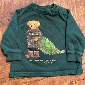 Ralph Lauren Green Polo Bear Long Sleeve Tee with Holiday Tree